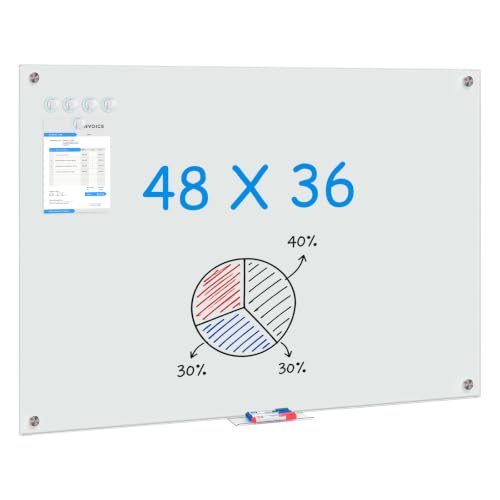 maxtek Magnetic Glass Dry Erase White Board, 48" x 36" Frameless Glass Board for Wall Mounted, Includes 5 Magnets, 3 Markers and 1 Eraser for Classroom Home, Office Supplies (White)