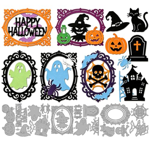 MAYJOYDIY Vintage Frame Die Cuts Halloween Ghost Bat Spider Embossing Template Pumpkin Witch Hat Cat Carbon Steel Cutting Stencils for Card Making DIY Scrapbooking Album Gift Decoration
