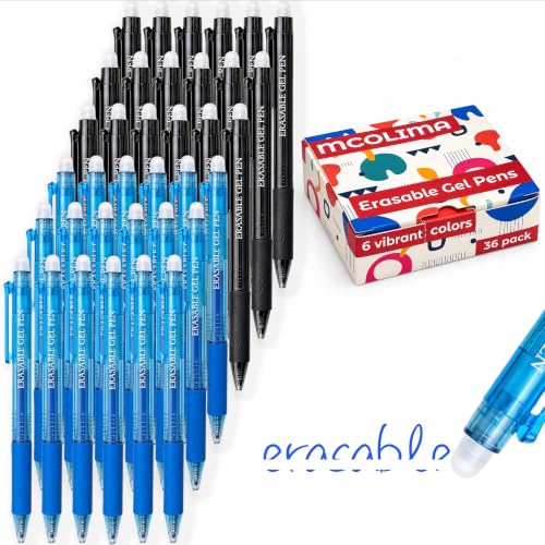 MCOLIMA Blue and Black Erasable Gel Pens Bulk, 36 Pack Retractable Erasable Pens, 0.7mm Fine Point Quick Dry Ink, Clicker Pens for Note Taking, Work, Office, Classroom School Supplies