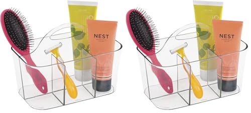 mDesign Small Plastic Shower/Bath Storage Organizer Caddy Tote with Handle for Dorm, Shelf, Cabinet - Hold Soap, Shampoo, Conditioner, Combs, Brushes, Lumiere Collection, Clear (Pack of 2)