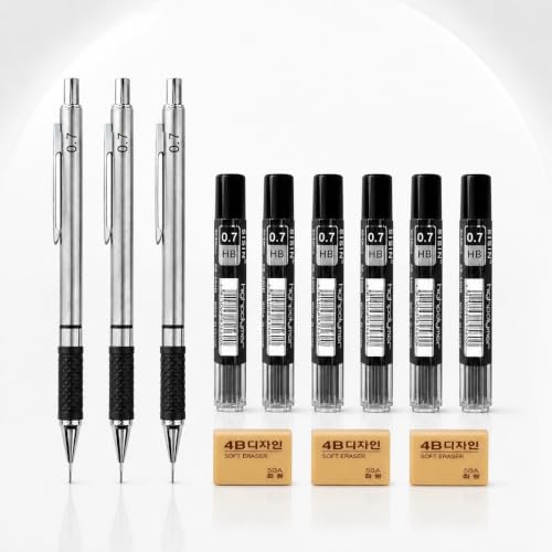 Mechanical Pencil Set, 3 Pcs Full Metal Mechanical Pencil with 72 HB Lead Refills and 3 Erasers, Anti-Slip Ergonomic Grip Drafting Pencil Kit for Students Artists Engineers Architects and Designers