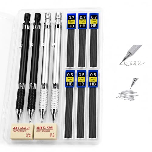 Mechanical Pencil Set, 4 Pack 0.5mm & 0.7mm Metal Mechanical Pencils with 72 HB Lead Refills, 2 Erasers and Storage Case, Anti-Slip Metal Mesh Grip Drafting Pencil Kit for Students Artists Engineers