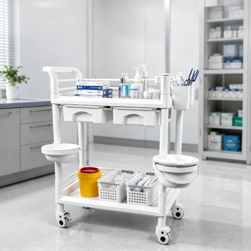 Medical Rolling Cart, 2 Tier Mobile Esthetician Utility Cart with Pull-Out Drawers, 360° Silent Lockable Casters, Heavy Duty 330 LBS Capacity, Utility Cart for Dental Clinics and Beauty Salon