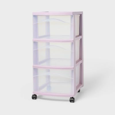 Medium Black 3 Drawer Rolling Utility Cart, Plastic Storage Drawer Cart with Casters, Portable Mobile Organizer for Bedroom, Office & Craft Room, No Assembly Required (Lavender)