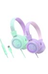 MEE audio KidJamz KJ55 Safe Listening USB-C Headphones for Children with Multicolor LED Lights, Volume Limiter & Mic; On-Ear Wired Headset for iPad, iPhone 17 & USB-C Devices (2-Pack, Lavender+Mint)