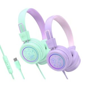 MEE audio KidJamz KJ55 Safe Listening USB-C Headphones for Children with Multicolor LED Lights, Volume Limiter & Mic; On-Ear Wired Headset for iPad, iPhone 17 & USB-C Devices (2-Pack, Lavender+Mint)