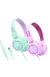 MEE audio KidJamz KJ55 Safe Listening USB-C Headphones for Children with Multicolor LED Lights, Volume Limiter & Mic; On-Ear Wired Headset for iPad, iPhone 17 & USB-C Devices (2-Pack, Pink+Mint)