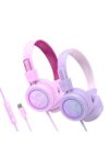 MEE audio KidJamz KJ55 Safe Listening USB-C Headphones for Children with Multicolor LED Lights, Volume Limiter & Mic; On-Ear Wired Headset for iPad, iPhone 17 & USB-C Devices (2-Pack, Lavender+Pink)