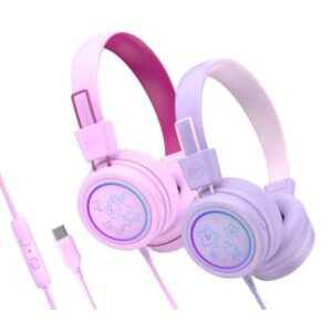 MEE audio KidJamz KJ55 Safe Listening USB-C Headphones for Children with Multicolor LED Lights, Volume Limiter & Mic; On-Ear Wired Headset for iPad, iPhone 17 & USB-C Devices (2-Pack, Lavender+Pink)