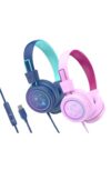 MEE audio KidJamz KJ55 Safe Listening USB-C Headphones for Children with Multicolor LED Lights, Volume Limiter & Mic; On-Ear Wired Headset for iPad, iPhone 17 & USB-C Devices (2-Pack, Pink+Blue)