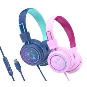 MEE audio KidJamz KJ55 Safe Listening USB-C Headphones for Children with Multicolor LED Lights, Volume Limiter & Mic; On-Ear Wired Headset for iPad, iPhone 17 & USB-C Devices (2-Pack, Pink+Blue)