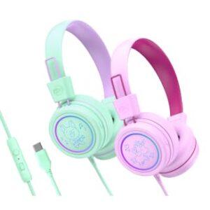 MEE audio KidJamz KJ55 Safe Listening USB-C Headphones for Children with Multicolor LED Lights, Volume Limiter & Mic; On-Ear Wired Headset for iPad, iPhone 17 & USB-C Devices (2-Pack, Pink+Mint)