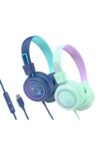 MEE audio KidJamz KJ55 Safe Listening USB-C Headphones for Children with Multicolor LED Lights, Volume Limiter & Mic; On-Ear Wired Headset for iPad, iPhone 17 & USB-C Devices (2-Pack, Blue+Mint)