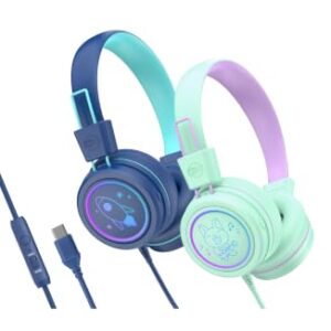 MEE audio KidJamz KJ55 Safe Listening USB-C Headphones for Children with Multicolor LED Lights, Volume Limiter & Mic; On-Ear Wired Headset for iPad, iPhone 17 & USB-C Devices (2-Pack, Blue+Mint)