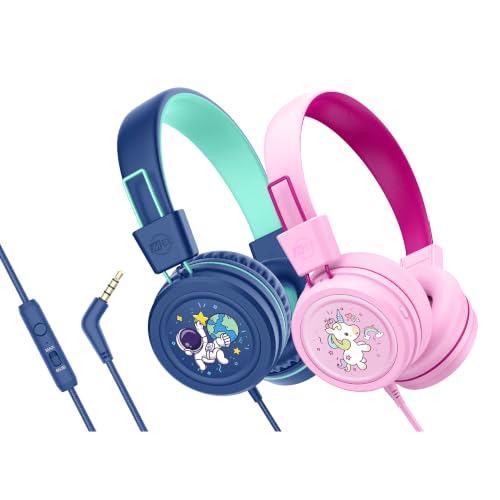 MEE audio KidJamz KJ55 Wired Children’s Headphones with 3.5mm Plug, Colorful Graphics, Volume Limiter & Mic, Adjustable On-Ear Kids Headset for Online Learning/School/Travel/Tablet (Pink+Blue)