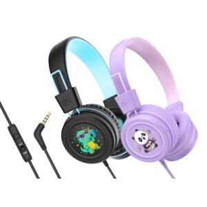 MEE audio KidJamz KJ55 Wired Children’s Headphones with 3.5mm Plug, Colorful Graphics, Volume Limiter & Mic, Adjustable On-Ear Kids Headset for Online Learning/School/Travel/Tablet (Lavender+Black)