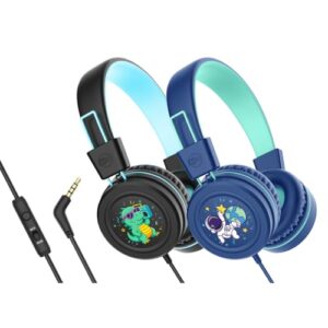 MEE audio KidJamz KJ55 Wired Children’s Headphones with 3.5mm Plug, Colorful Graphics, Volume Limiter & Mic, Adjustable On-Ear Kids Headset for Online Learning/School/Travel/Tablet (Blue+Black)