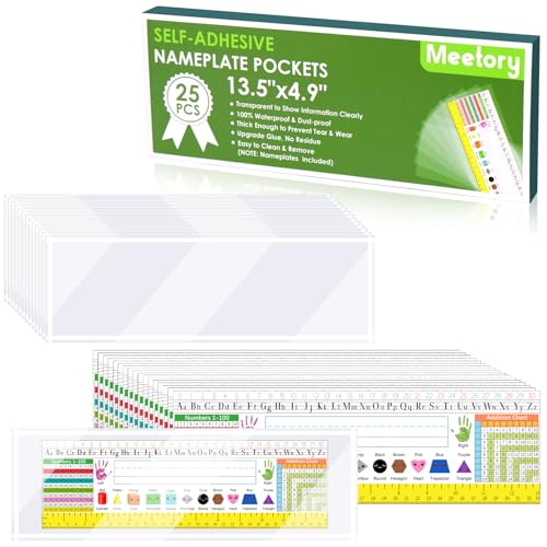 Meetory 25 Pcs Upgraded Nameplate Pocket with 25 Pcs Matching Desk Name Tags for Classroom, 13.5" x 4.9" Self Adhesive Desk Nameplates Pockect and Name Plates, Clear Plastic View Name Tag Sleeves