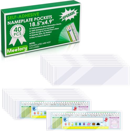 Meetory 40 PCS Upgraded Nameplate Pocket, 18.5" x 4.9" Self Adhesive Desk Nameplates Name Tag- Pocket, No Residue Clear Plastic View Name Tag- Sleeves for Classroom Desk, Office Supplies.