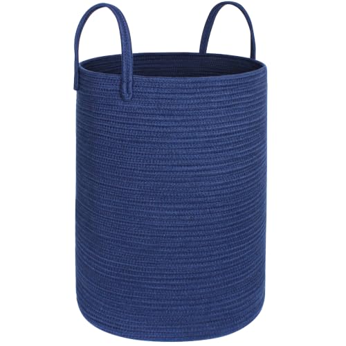 MEGASKET Large Blue Laundry Basket, 80L Tall Blanket Basket Living Room, Cotton Rope Toy Bin, XL Woven Baby Nursery Laundry Hamper with Handle, Navy Blue Room Decor, 16.5"x22.5" Bedroom Aesthetic