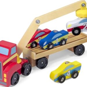 Melissa & Doug Magnetic Car Loader Wooden Toy Set with 4 Cars and Toy Truck - Pretend Play and Race Car Fun for Preschool Toys, Ages 3+
