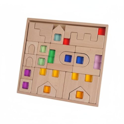 Menolana Children Acrylic Blocks Wooden Set Fortress Blocks Toy Shape Matching Color Sorting Problem Solving Beech Wood Acrylic Translucent Suitable for Early Education Home Kindergarten Quiet Play