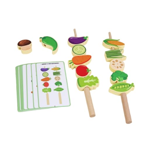 Menolana Children Cognitive Game Fruit Threading Toy Set with Wooden Lacing Beads Pattern Cards Stacking Creative Role Play Props Suitable for Preschool Activities Group, Vegetable Skewers