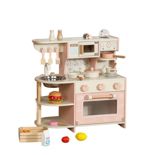 Menolana Children Play Kitchen Wooden Toy Kitchen Set Pretend Play Kitchen Playset with Utensils Pots Sink and Side Shelf Rounded Edges Suitable for playroom Bedroom Classroom