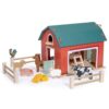 Mentari Toys - Big Red Barn Playset - 17pc Wooden Farm Playset with Barn Doors, Pulley, Animals and Magnetic Hay Bales - Imaginative Farm Play for Kids and Toddlers - Age 3+