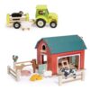 Mentari Wooden Big Red Barn & Farm Tractor Bundle - 21Pc Toy Farm Playset with Animals, Barn Doors, Pulley & Trailer - Montessori Imaginative Farm Play Toys for Kids & Toddlers Age 3+