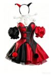 MEOWCOS Red Black Patchwork Corset Skirt Set Off-shoulder Corset and Layered Skirt with Collar Headband
