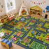 Merelax 8x10 Kids Car Area Rug, Grey Green City Road Rugs for Playroom Living Room Classroom Bedroom, Non Slip Kids Play Mat, Washable Rug, Educational City Traffic Map Fun Car Carpet for Ages 3-12