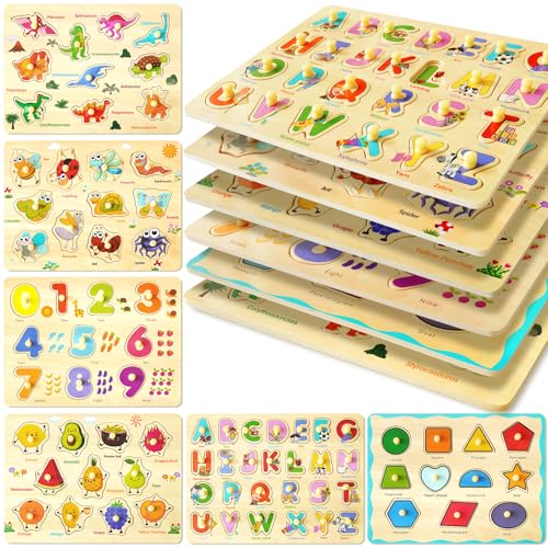 MerryPony Wooden Peg Puzzle for Toddlers, 6 Pack Toddler Puzzles Set for 3 4 5 Years Old, Alphabet Shape Numbers Fruits Dinosaur Insects, Preschool Education Learning Puzzle Toys for Boys and Girls