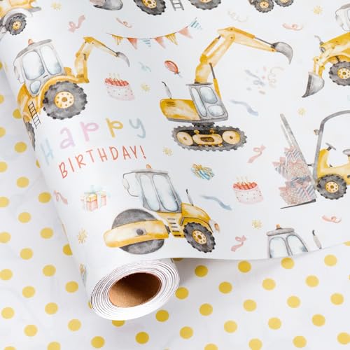 Merture Reversible Construction Birthday Wrapping Paper for Kids - 17 In X 16.4 Ft(23.3 sqft) - Reversible Gift Wrap Paper with Yellow Truck Excavator Digger for Kids Boys Birthday, Baby Shower, Christmas