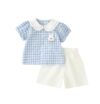 Meufam Girls 2 Piece Set Puff Sleeve Shirt, Elastic Waist Pocket Shorts Summer Outfit for Kids (Blue,110/3-4 Y)