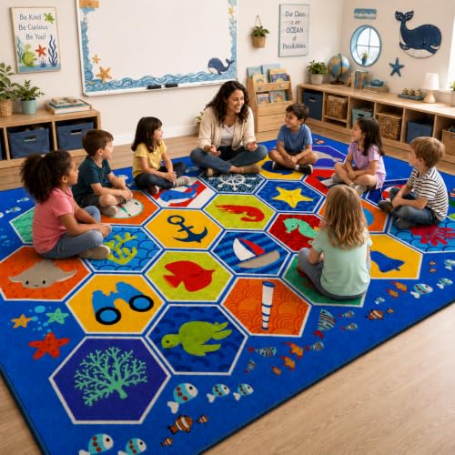 Mfmiudole Extra Large Ocean Classroom Rug with 24 Hexagon Seats, 13.3'×7.7' Educational Preschool Carpet for Circle Time, Kindergarten, Daycare and Early Learning, Non-Slip Kids Classroom Rug