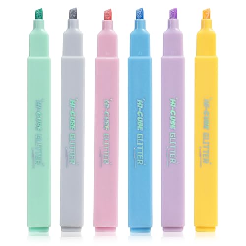 M&G HI-CUBE Glitter Highlighters, 6 Pack Gentle Colors with Glitter Ink, No Bleed Soft Chisel Tip for Bible Study, Cute Aesthetic Highlighters for Journaling, Planners & Notes