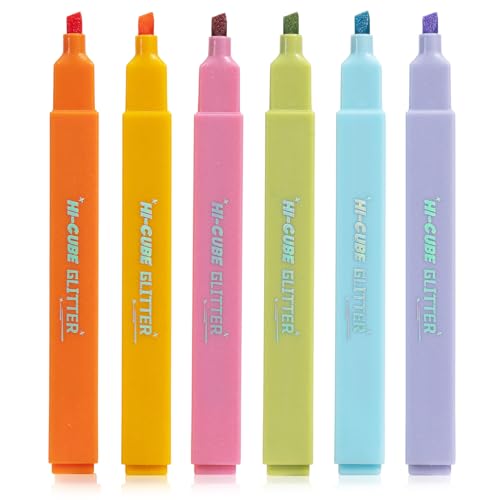 M&G HI-CUBE Glitter Highlighters, 6 Pack Vibrant Colors with Glitter Ink, No Bleed Soft Chisel Tip for Bible Study, Cute Aesthetic Highlighters for Journaling, Planners & Notes