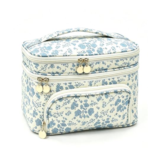 Mgiflw Extral Large Makeup Bag for Women,Double Layer Quilted Travel Cosmetic Organizer Case,Skin Care Essentials Toiletries Bags Waterproof Brush Storage with Removable Dividers,Floral Blue