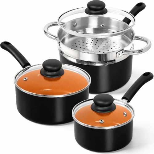 MICHELANGELO Nonstick Saucepan Set with Lids & Steamer, PFAS-Free Sauce Pan Set with Stay-Cool Handle, Ceramic Cooking Sets for For Home Kitchen, 1QT 2QT 3QT, Induction Compatible