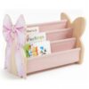 Mifoci Pink Bow Wood Kids Bookshelf 4 Tier Deep Fabric Sleeves Toddler Book Storage Rack Natural Wood Child Book Organizer with Handle for Playroom Nursery Classroom Birthday Gift