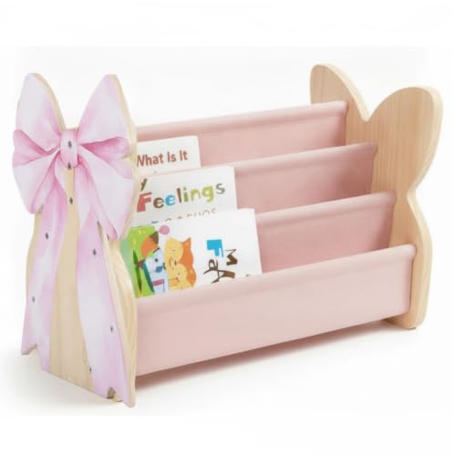 Mifoci Pink Bow Wood Kids Bookshelf 4 Tier Deep Fabric Sleeves Toddler Book Storage Rack Natural Wood Child Book Organizer with Handle for Playroom Nursery Classroom Birthday Gift
