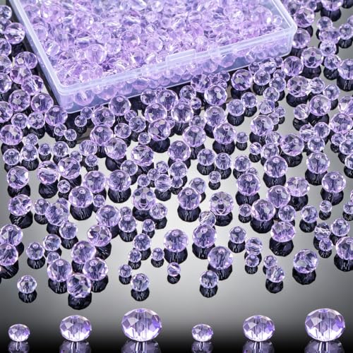 MIKIMIQI 560 Pcs Briollete Crystal Glass Beads for Jewelry Making, Faceted Rondelle Crystal Beads with Box,Crystal Spacer Beads for DIY Craft Bracelets Charms Wind Chimes, 4/6/8mm (Light Purple)