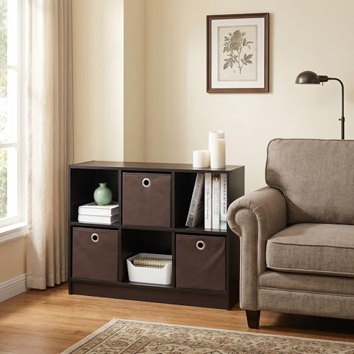 Mikkagu 6-Cube Bookshelf with Storage Bins, Cube Bookcase, Book Shelf with Storage Bins, 11.9 x 31.6 x 23.6, for Organization and Storage, Home Office, Living Room, Dark Walnut