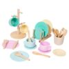 Milageto Wooden Play Dishes Set with Drainage Rack Pastel Toy Dishes Set Imaginative Dinnerware for Young Children, Kids