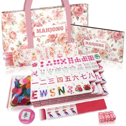 MILBOPAX 1.2” American Mahjong Set Complete - 168 Pink Floral Acrylic Tiles, 4 Upgraded Non-Slip Mahjong Racks with Pushers, Dice & Chips, Pretty Mah Jongg Gift for Women Mom Birthday Beginners