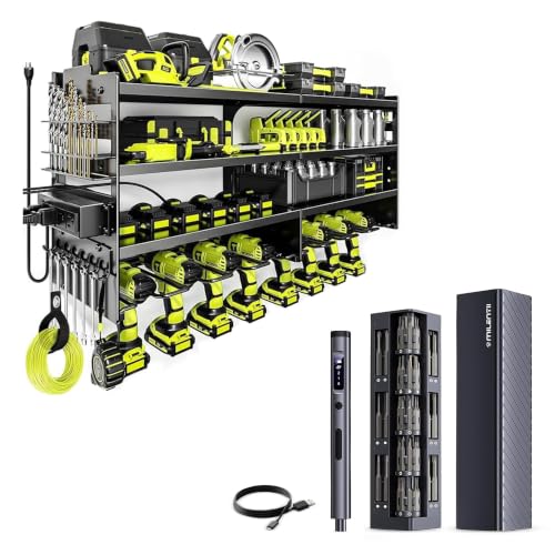 MILENTII Large Power Tool Organizer Wall Mount with Charging Station, 6-Shelf Heavy Duty Metal Tool Storage Rack & 57 in 1 Precision Electric Screwdriver Set with 50 Magnetic Bits