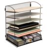 Mind Reader 5 Tier Desk Organizer with Sliding Trays and Drawer, Metal Mesh File Sorter with Angled Shelves and Divided Storage, Desktop Organizer, Black