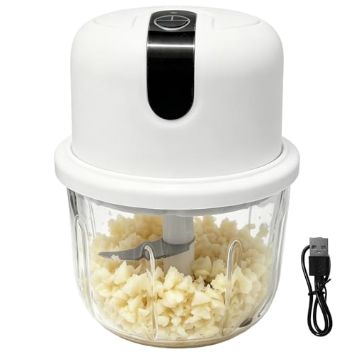 Mini Electric Garlic Chopper, 300 ml, 10.15 fl oz Glass Bowl Food Processor, USB Rechargeable, Battery Operated Mincer with 3 Leaf Stainless Steel Blades for Garlic, Ginger, Chili, Nuts, White