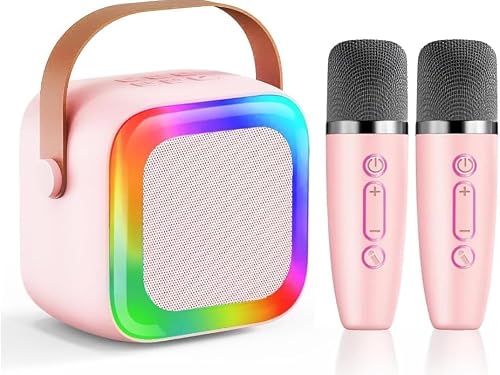 Mini Karaoke Machine for Kids with 2 Wireless Microphones Portable Bluetooth Speaker, LED Disco Lights & Voice Changer, Great Birthday Gift for Girls Ages 3-12, Perfect for Family Parties and Home